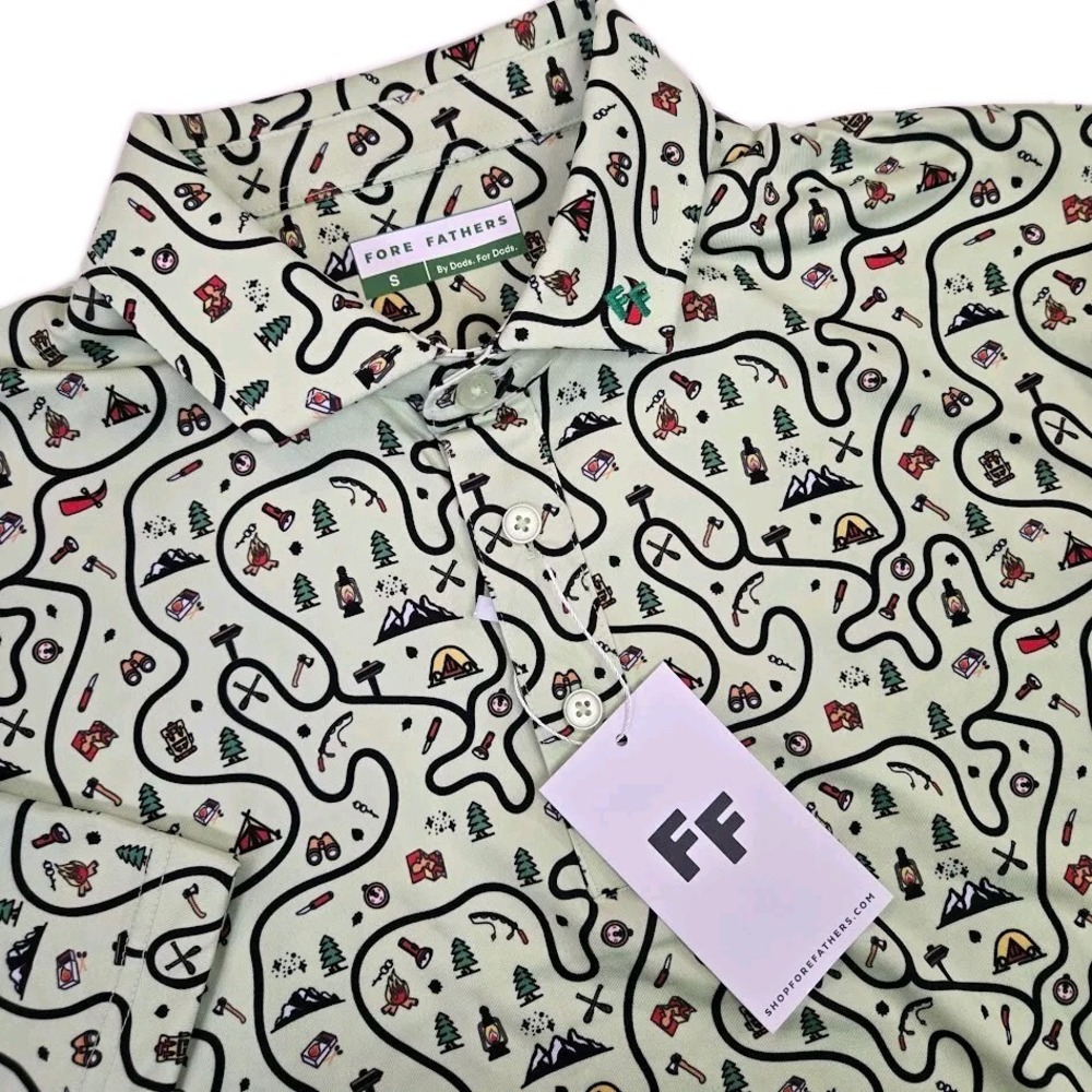 NWT Fore Fathers Happy Camper Print Performance Polo Green Men's Size SMALL Golf